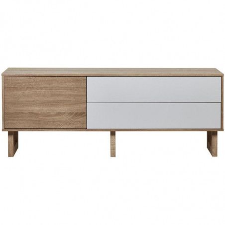 Meuble TV en bois - Flam - L 160 x l 39,6 x H 61 cm - Blanc et chêne clair