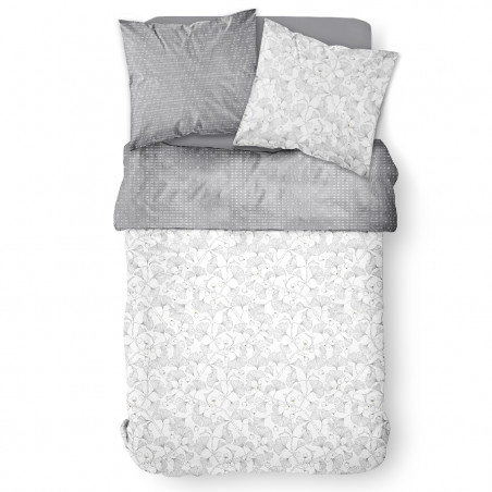 Parure de lit en coton réversible - Mawira - l 220 x L 240 cm - Imprimé floral - Gris