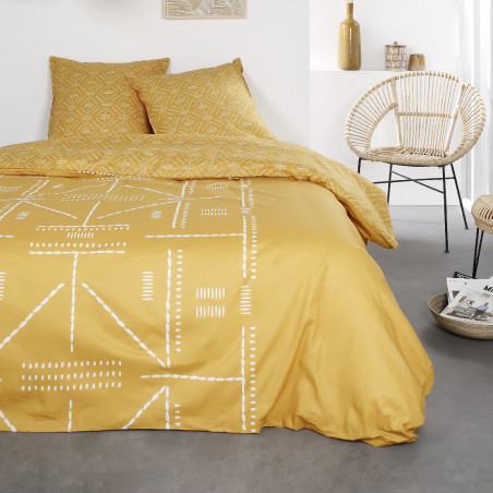 Parure de lit en coton réversible - Sunshine - l 220 x L 240 - Imprimé ethnique - Jaune et blanc