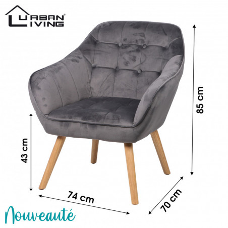 Fauteuil OLY velours - Pieds en bois - Gris foncé - L 74 x P 70 x H 85 cm