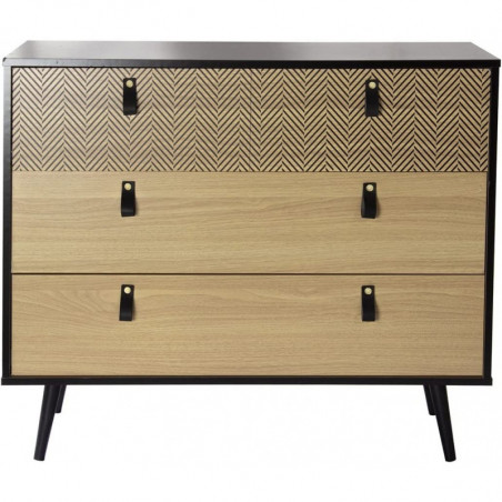 Commode CHELSEA décorée avec poignées effet cuir - Bois clair et noir - 98.5 x 39.5 x H 82cm