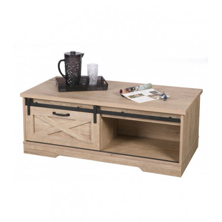 Table basse MANHATTAN 1 porte coulissante - Bois - Bois et métal - L 117 X P 59 X H 45