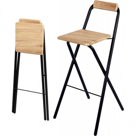 Tabouret de bar pliant avec dossier FRIENDS - Bois et noir - Bois et métal - L 48 x P 43 x H 98 cm