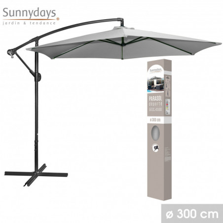 Parasol déporté rond ouverture manivelle - Gris clair - Polyester et aluminium - D 300 x H 250