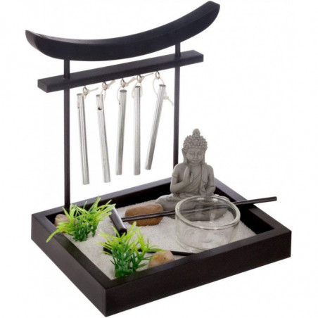 Jardin zen à grelots avec figurines + photophore et accessoires - Noir - L 15 x H 16,5 cm