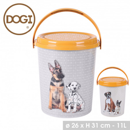 Seau à croquettes hermétique décor jeunes chiens - Gris et jaune - Plastique - D 26 x H 31 cm - 11L