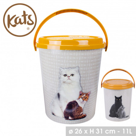 Seau à croquettes hermétique décor chats - Gris et jaune - Plastique - D 26 x H 31 cm - 11L