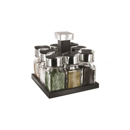 Carrousel à épices rotatif 8 pots en verre - Noir et inox - Support 8 pots à double clapets