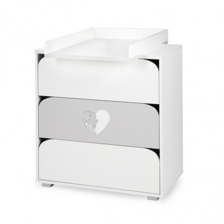 Commode Nel Heart à 3 tiroirs + plan de change - Blanc avec motif coeur décoratif - L 80 x H 83 x P 45 cm