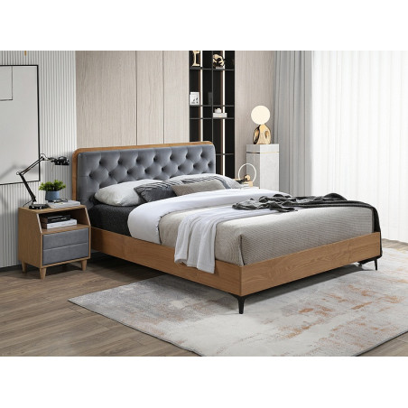 Lit double en bois et tête de lit en velours capitonné - 160 x 200 cm - Sommier inclus - Marron / Gris