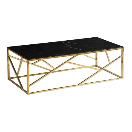 Table basse rectangle design avec plateau effet marbre en verre et inox - Noir et doré - L 120 x P 60 x H 40 cm