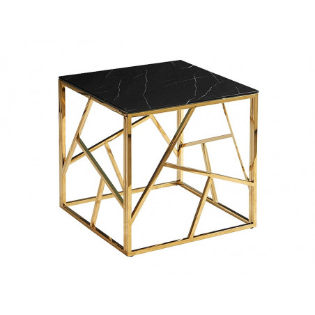 Table d'appoint carré design avec plateau effet marbre en verre et inox - Noir et doré - 55 x 55 x H 55 cm