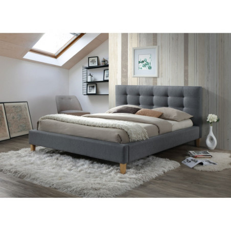 Lit double en tissu avec tête de lit matelassé - Sommier inclus - Gris - 160 x 200 cm