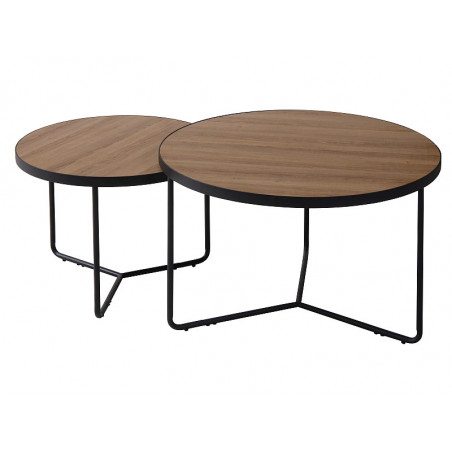 Lot de 2 tables gigognes rondes en bois et métal - Beige et noir - D 80 / 60 x H 50 / 45 cm