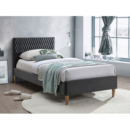 Lit simple avec tete de lit matelassé et cadre en velours - Gris - Pieds en bois beige - L 200 cm x l 90 cm