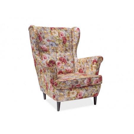 Fauteuil en tissu motif floral - Multicolore - Pieds en bois - L 101 cm x l 75 cm x P 56 cm