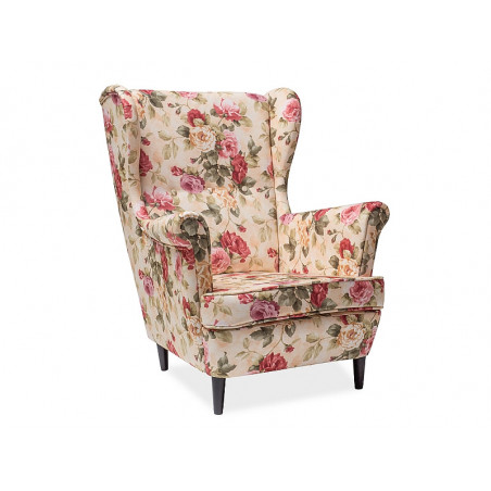 Fauteuil en tissu motif floral - Multicolore - Pieds en bois - L 101 cm x l 75 cm x P 56 cm