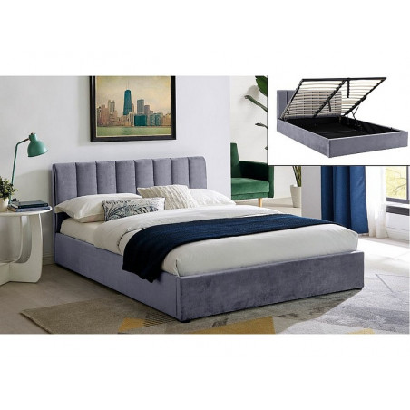 Lit double en velours avec coffre de rangement + sommier - Gris - L 200 cm x l 140 cm