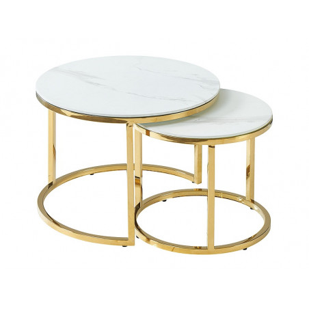 Set de 2 tables gigognes effet marbre en verre - Blanc - Pieds en acier doré - H 45 / 40 cm x D 80 / 60 cm