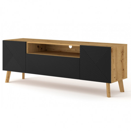 Meuble TV Luxi avec 3 portes + 1 niches - Noir et beige - L 160 x P 42 x H 51 cm