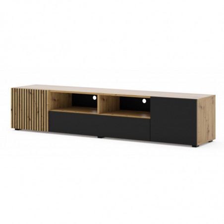 Meuble TV Auris avec 4 portes + 2 niches en bois - Noir et beige - L 200 x P 42 x H 42 cm