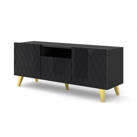 Meuble TV Diuna avec 3 portes + 1 niche en bois et pieds noir - Noir brillant - L 145 x P 42 x H 62 cm