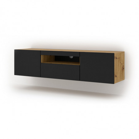 Meuble TV Aura avec 3 portes en bois avec LED - Noir mat et beige - L 150 x P 37 x H 36-42 cm