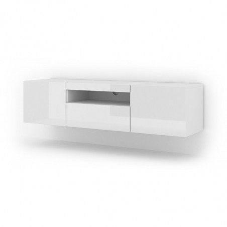 Meuble TV Aura avec 3 portes en bois - Blanc brillant - L 150 x P 37 x H 36-42 cm