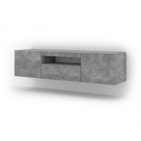 Meuble TV Aura avec 3 portes en bois avec LED - Gris béton - L 150 x P 37 x H 36-42 cm