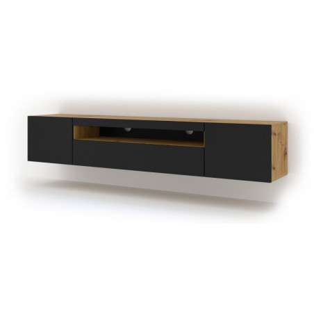 Meuble TV Aura avec 3 portes avec LED - Noir mat et beige - L 200 x P 37 x H 36-42 cm