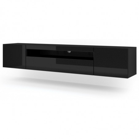 Meuble TV Aura avec 3 portes en bois avec LED - Noir brillant - L 200 x P 37 x H 36-42 cm