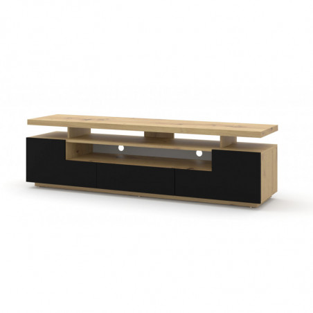 Meuble TV Eva avec 2 portes + 1 niche + 1 tiroir en bois avec LED - Noir mat - L 180 x P 42 x H 51 cm