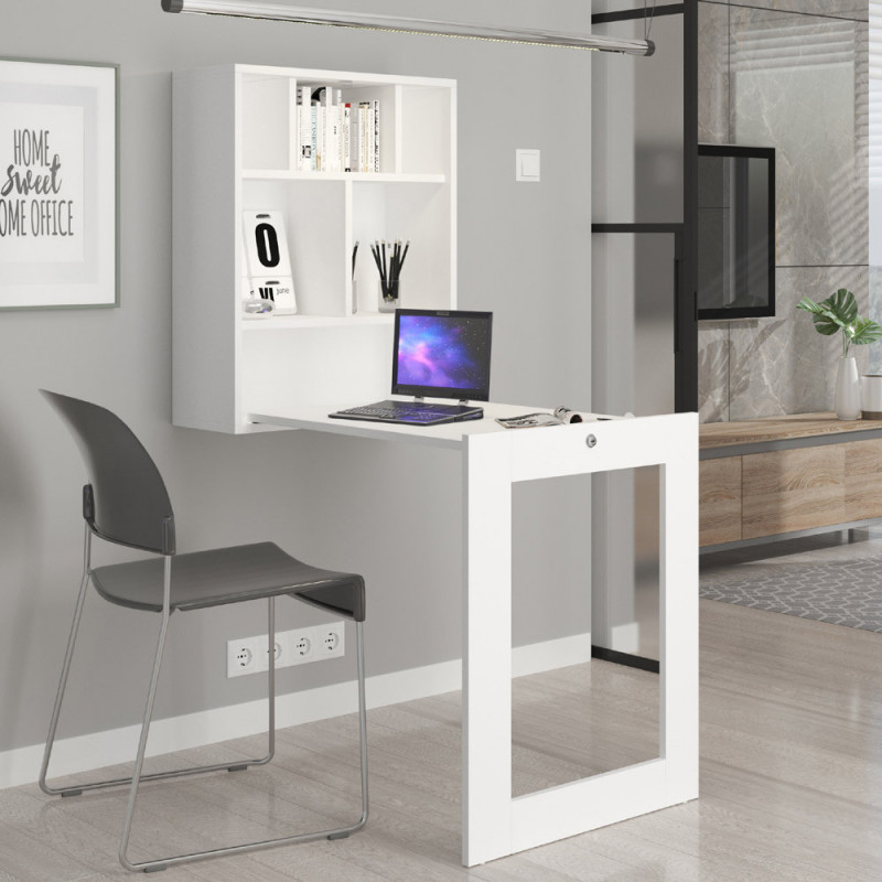 Bureau suspendu Tilt avec bureau dépliable en bois - Blanc - L 60 x