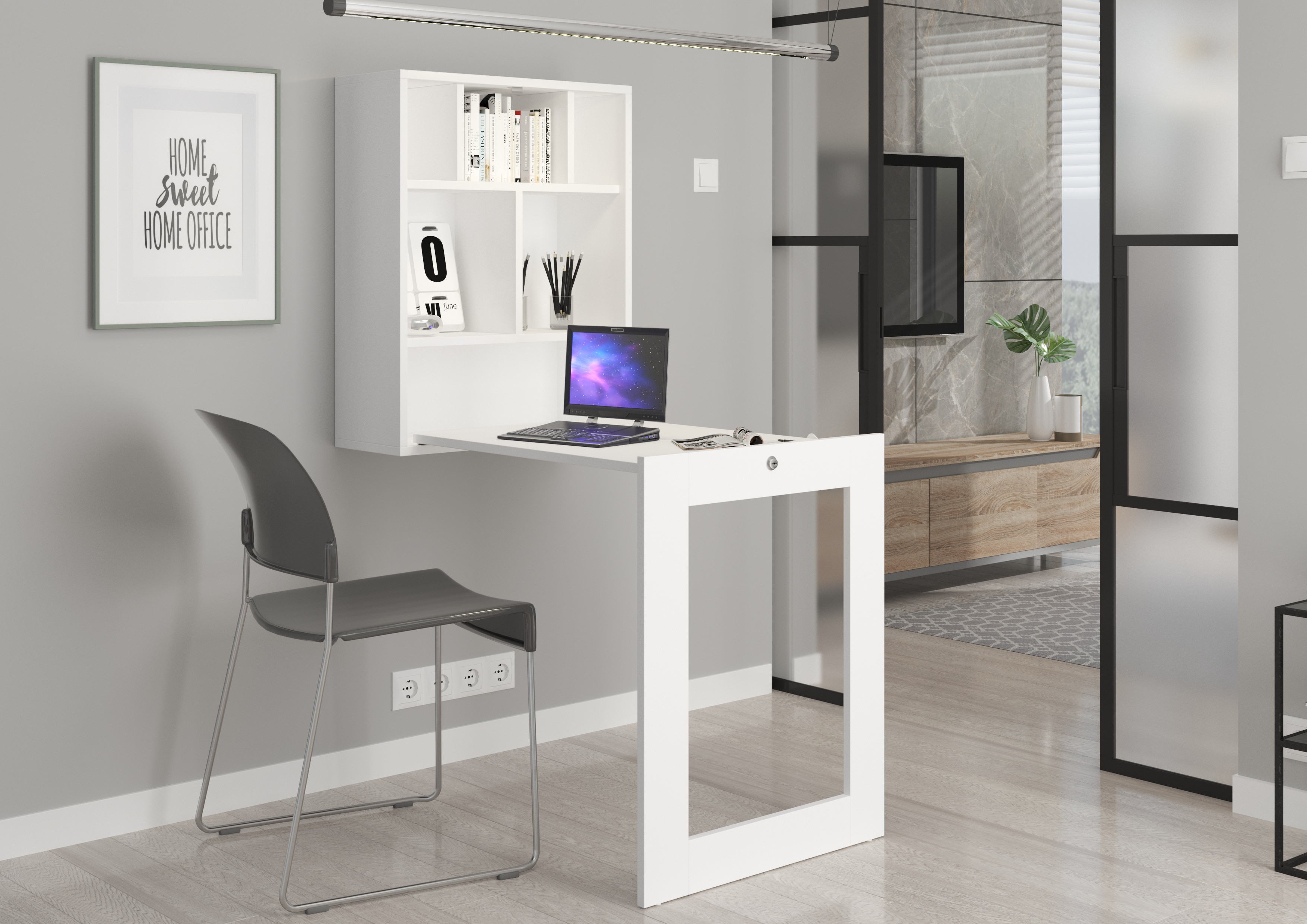 Bureau suspendu Tilt avec bureau dépliable en bois - Blanc - L 60 x P 24/90  x H 144 cm