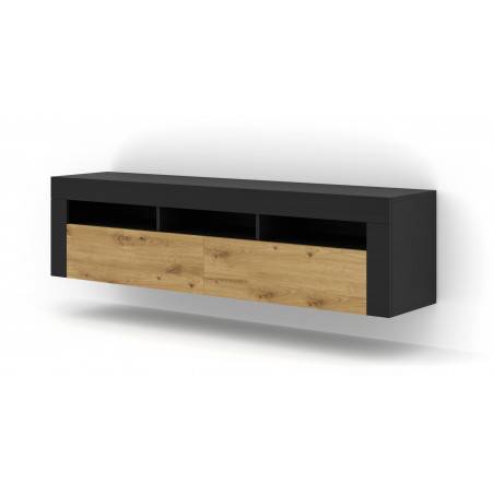 Meuble TV Moreno avec 2 portes + 3 niches - Noir et beige - L 160 x P 35 x H 41-43 cm