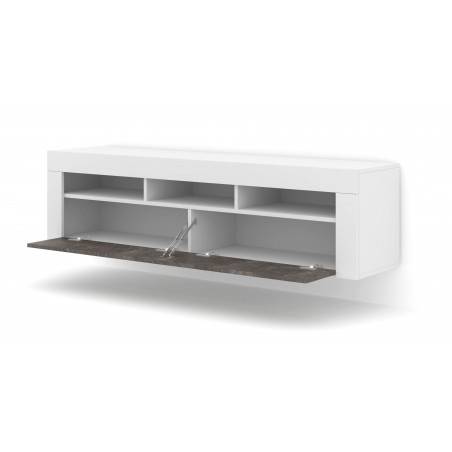 Meuble TV Moreno avec 2 portes + 3 niches - Blanc et gris - L 160 x P 35 x H 41-43 cm