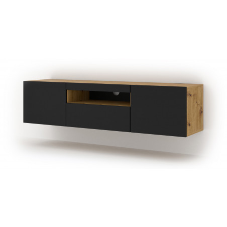 Meuble TV Aura avec 3 portes en bois - Noir mat et beige - L 150 x P 37 x H 36-42 cm