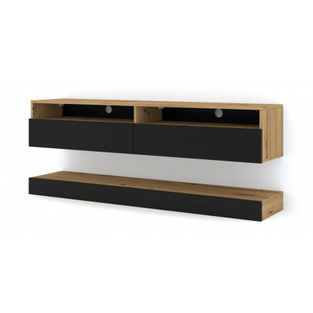 Meuble TV DUO avec 2 portes + 2 étagères + panneau au sol - Noir et beige - L 160 x P 34 x H 30+11 cm