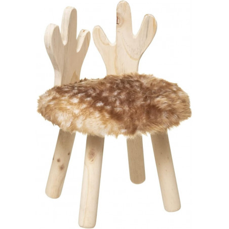 Tabouret en fausse fourrure avec bois de cerf - Marron et beige - D 27 x H 38 cm