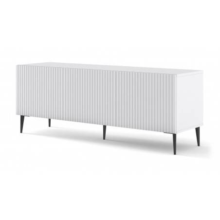 Meuble TV Ravenna avec 3 portes en bois et pieds noirs - Blanc mat - L 150 x P 42 x H 56 cm