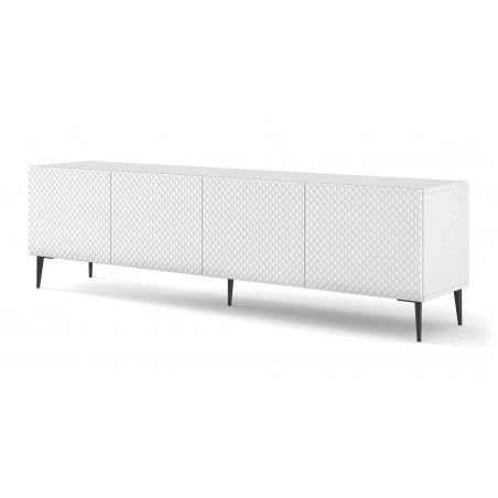 Meuble TV Ravenna avec 4 portes en bois et pieds noirs - Blanc brillant - L 200 x P 42 x H 56 cm