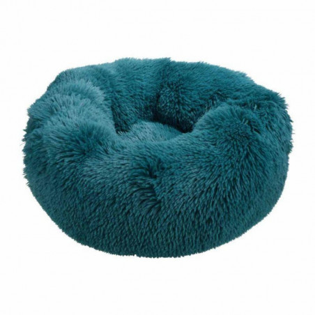 Coussin rond en fausse fourrure pour animaux - Bleu canard - D 55 x H 25 cm