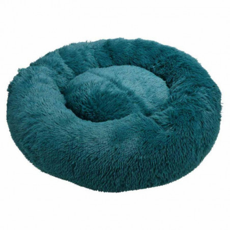 Coussin rond en fausse fourrure pour animaux - Bleu canard - D 95 x H 22 cm