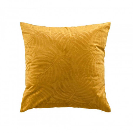 Coussin déhoussable en tissu effet velours motif feuillage en relief Analia - Jaune - 50 x 50 cm