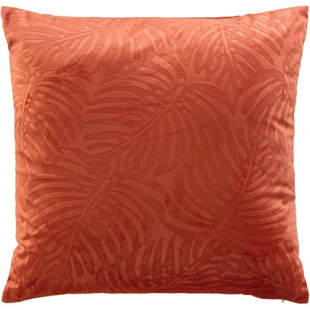 Coussin déhoussable en tissu effet velours motif feuillage en relief Analia - Terracotta - 50 x 50 cm