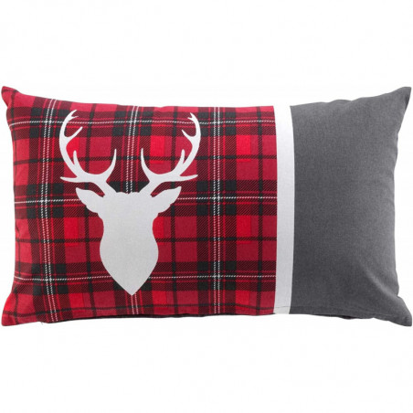 Coussin déhoussable en coton avec tête de cerf et imprimé tartan Heidi Rouge - Rouge et gris - 30 x 50 cm