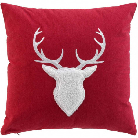 Coussin déhoussable en coton avec tête de cerfs effet fourrure et imprimé tartan - Rouge - 40 x 40 cm