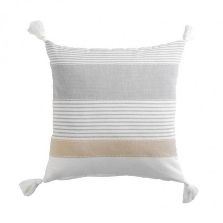 Coussin déhoussable en coton avec pompons et motif rayures Iliade - Gris et Beige - 40 x 40 cm