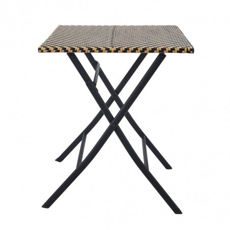 Table pliante avec plateau tressé - Plastique et fer - Noir et beige - H 72 x 60 x 60 cm