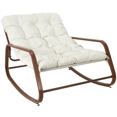 Fauteuil à bascule imitation bois avec coussin "Miami" - Blanc et marron - L 92 x H 69 x P 130 cm